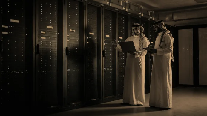 زميلان يتحدثان داخل غرفة خوادم