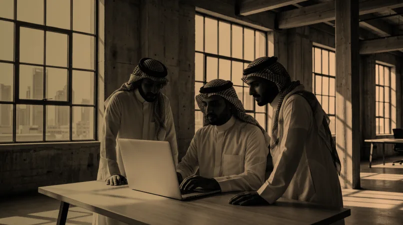 زميلان يراجعان العمل على حاسوب محمول